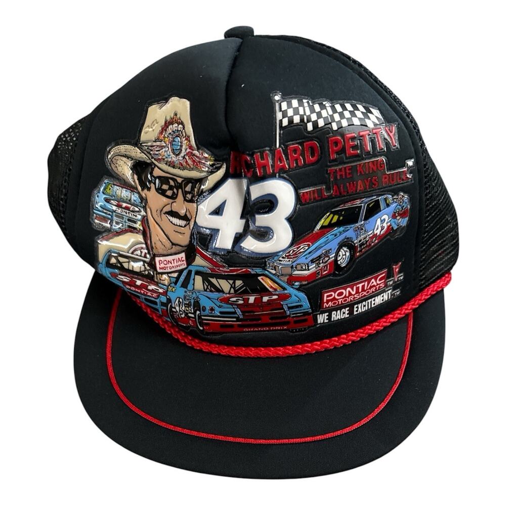 VTG 80s Richard Petty STP NASCAR Racing Pontiac Foam Trucker Rope Hat Black